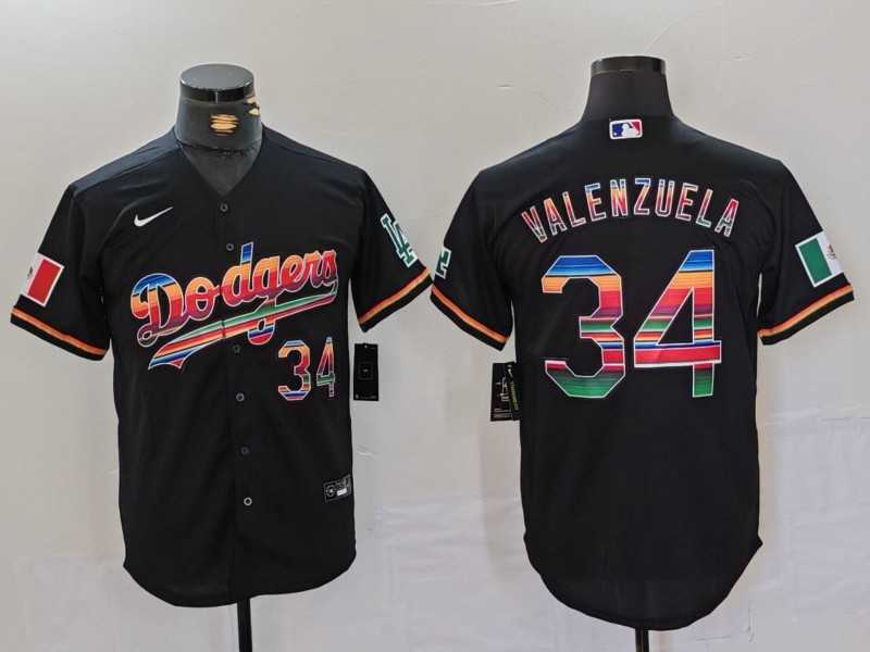 Mens Los Angeles Dodgers #34 Fernando Valenzuela Black Rainbow Mexico Cool Base Stitched Jersey Dzhi